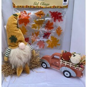 🍁 Fall Harvest Décor 3 Piece Bundle Gnome Plush LED, Be Thankful Truck & Leaf W